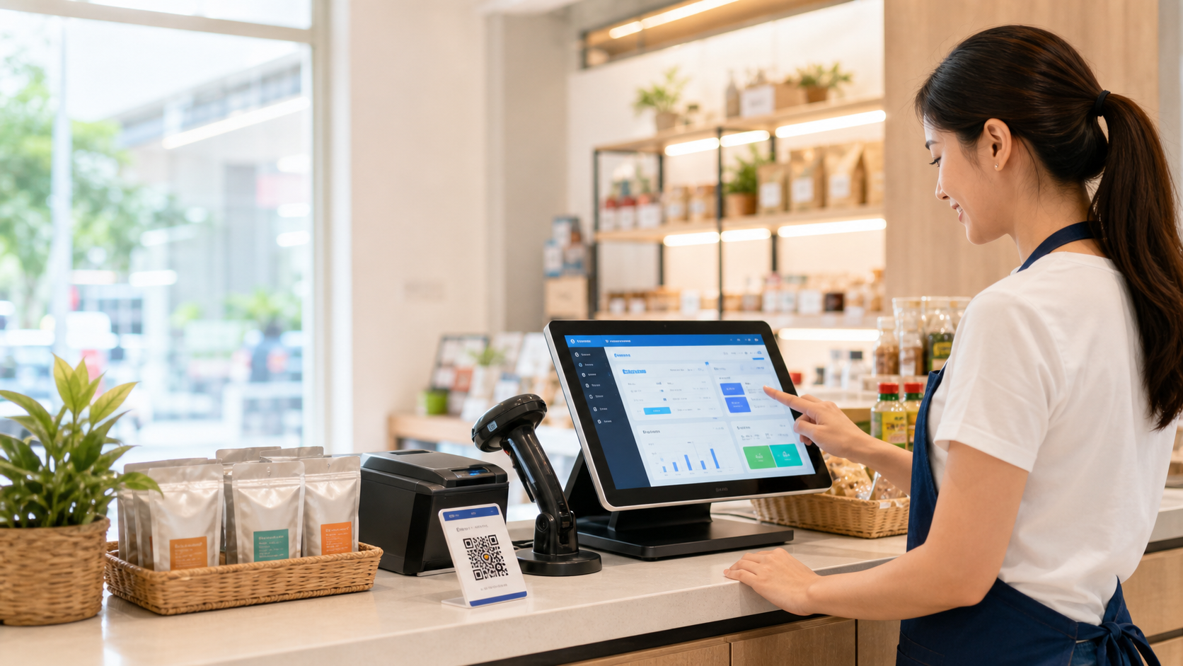 เจ้าของร้านใช้ระบบ POS พร้อมเครื่องสแกนและ QR PromptPay
