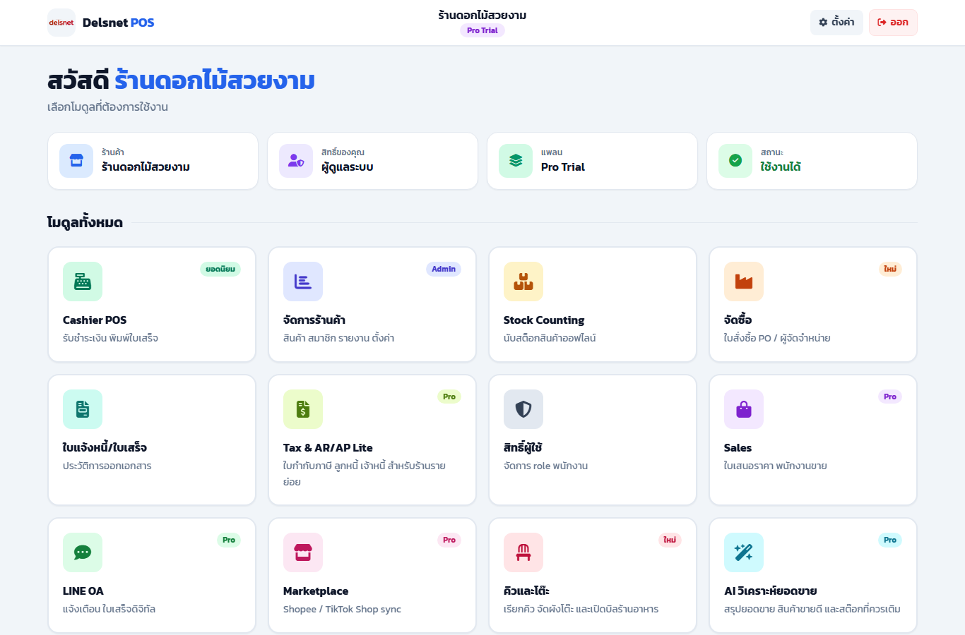 หน้า Dashboard ของร้านจริงใน Delsnet POS