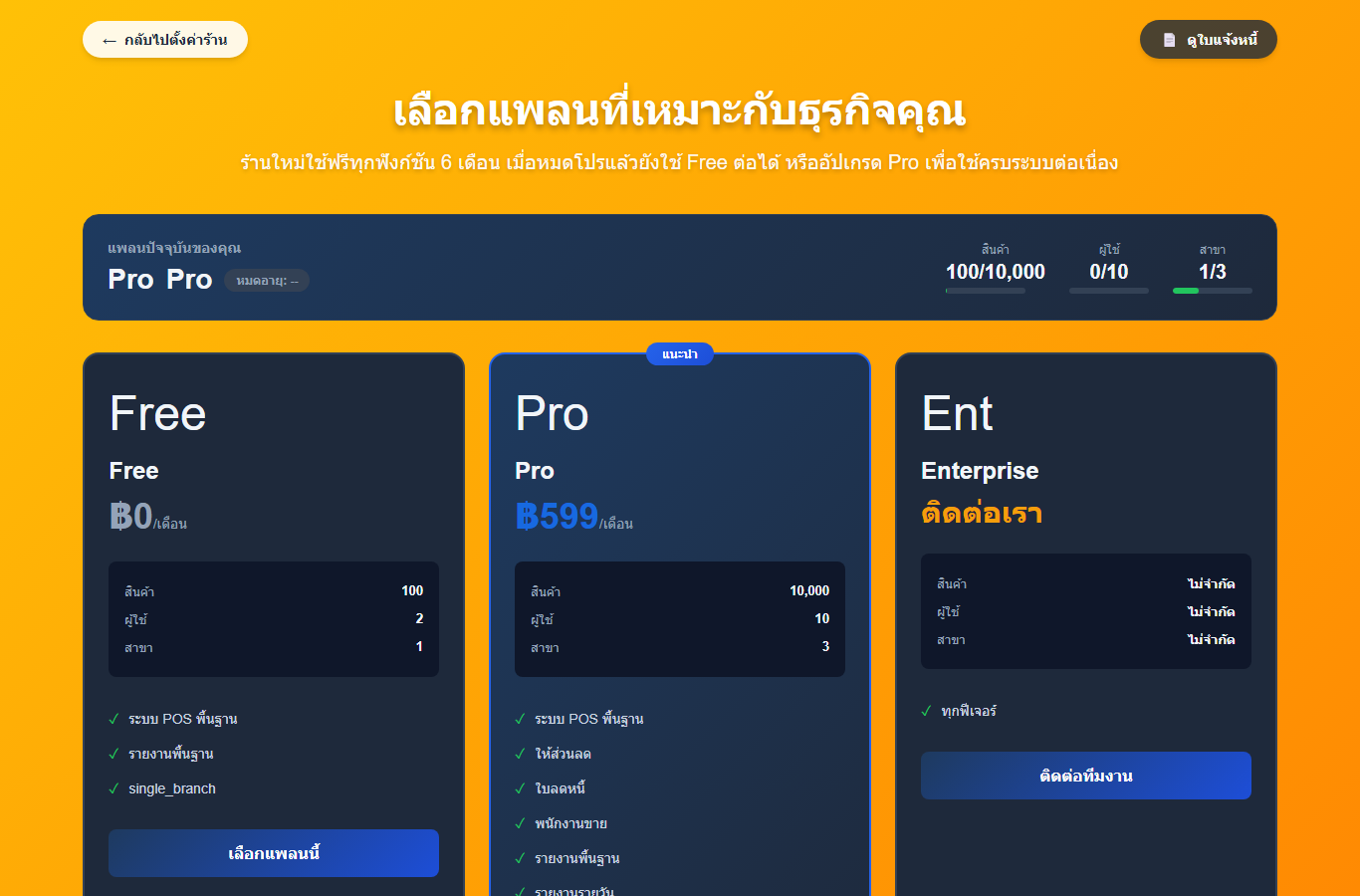 หน้าอัปเกรดแพลน Delsnet POS